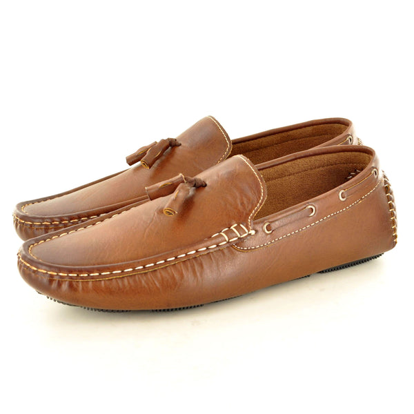 BROWN LEATHER LOOK TASSEL LOAFERS - The Sole Box
