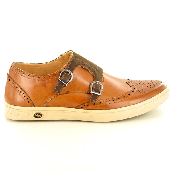 RETRO MONK STRAP CASUAL BROGUE SHOES IN TAN